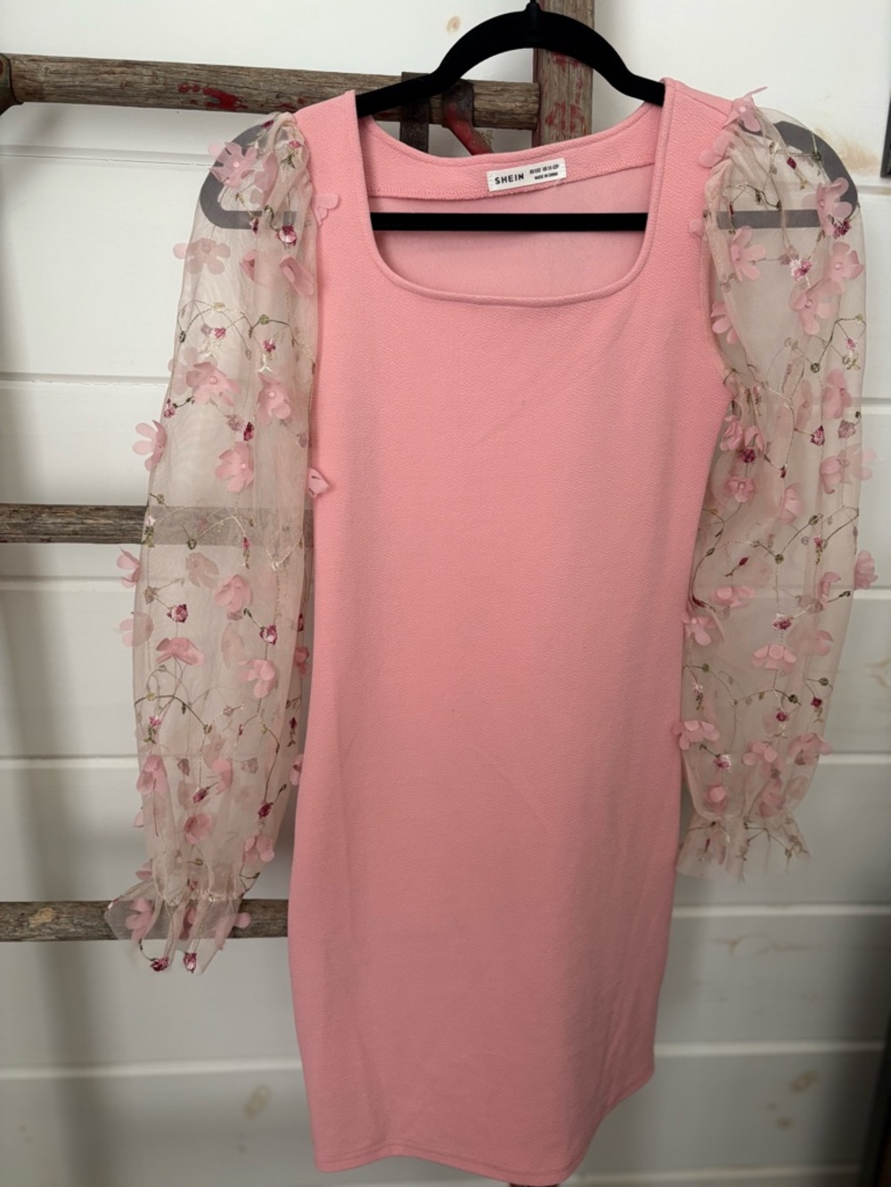 SHEIN Pink Puff-Sleeve Floral Mesh Bodycon Mini Dress